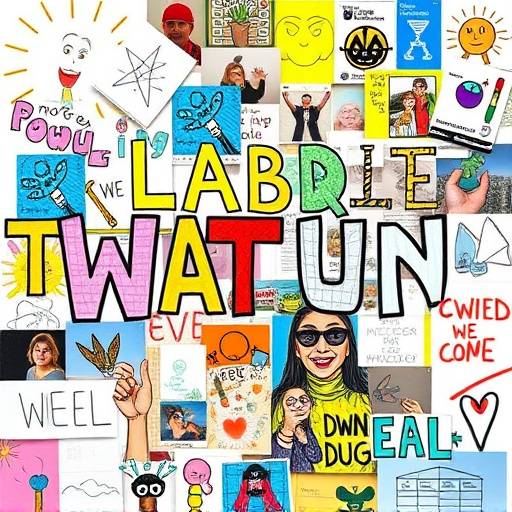 A collage of various forms of user-generated content, including drawings, photographs, and text posts, illustrating the diverse range of submissions.