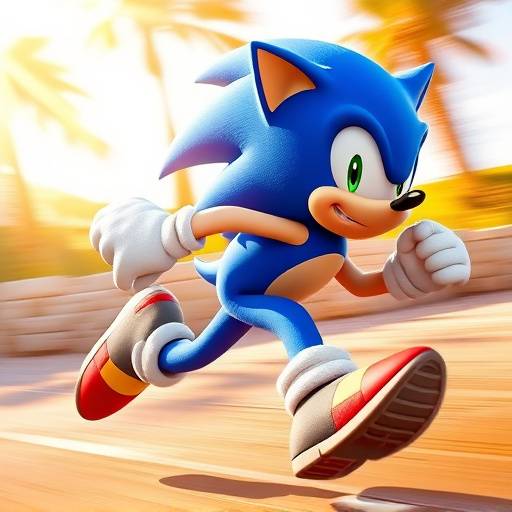A promotional image of Sonic the Hedgehog, the iconic Sega mascot, running at high speed.