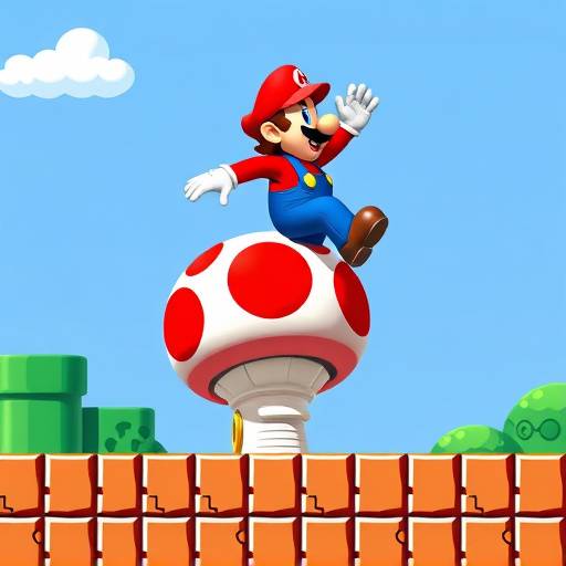 A screenshot of the original Super Mario Bros. game on the NES, showing Mario jumping over a Goomba.