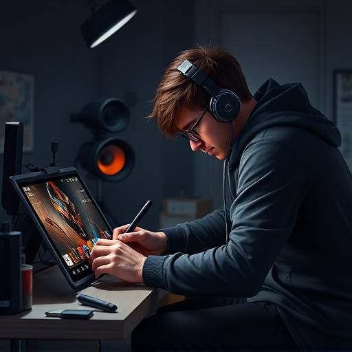 Illustration of a digital artist creating game assets on a tablet. The artist is surrounded by concept art and design tools.