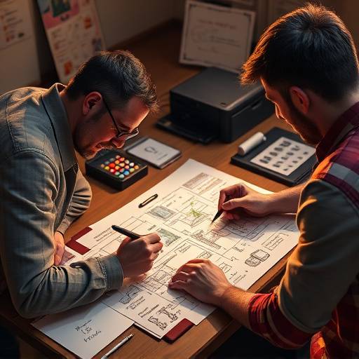 Image of a game designer sketching level layouts and game mechanics on paper. The designer is surrounded by design documents and game prototypes.