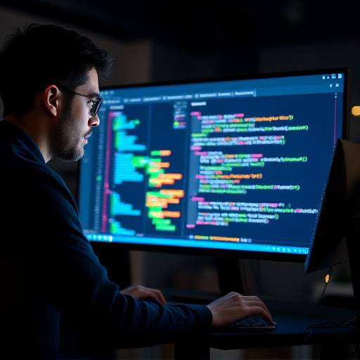 Image of a programmer working on game code. The screen shows complex code snippets and debugging tools.
