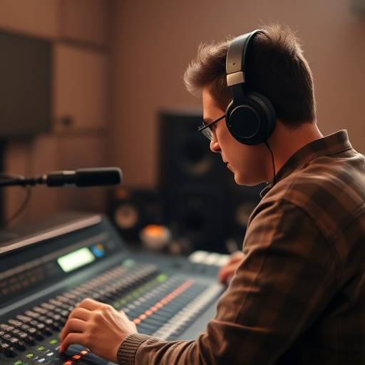 Image of a sound designer working with audio equipment. The sound designer is wearing headphones and adjusting audio levels on a mixing console.