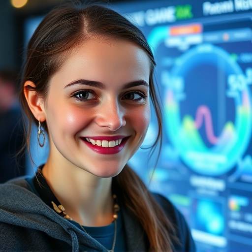 Portrait of Anya Petrova, a game designer with Nova Genesis Studios, smiling confidently with a holographic game interface in the background.