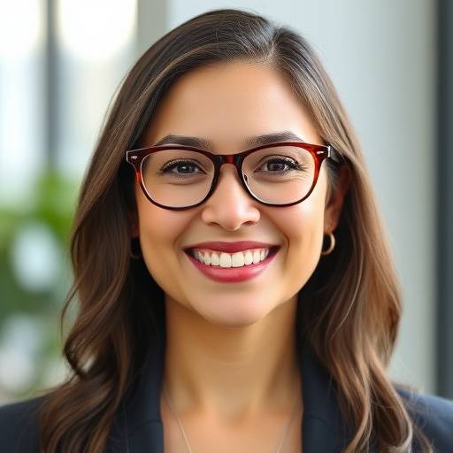 Portrait of Elara Vance, the Founder and CEO of Pixel Canvas Studios. She has a warm smile and wears glasses.