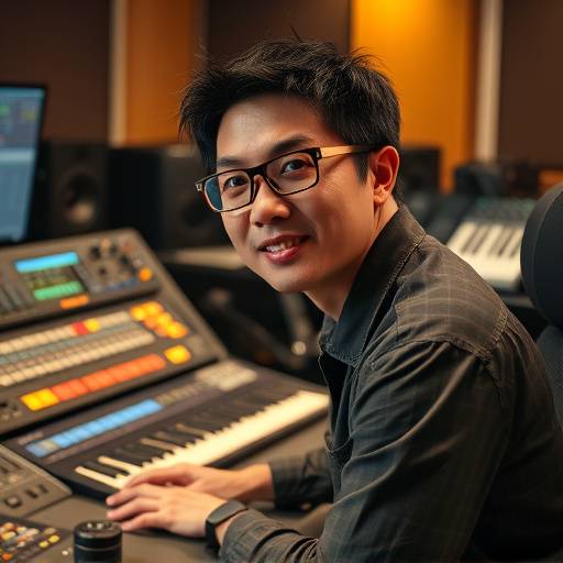Portrait of Kenji Tanaka, a game composer, sitting at his workstation in a modern studio, surrounded by synthesizers and mixing equipment.