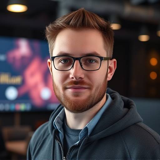 Portrait of Marcus Dubois, a level designer, standing in front of a large screen displaying a complex 3D level design for a game.