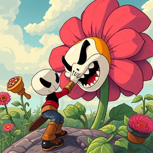 Screenshot from Cuphead, showing the character Cuphead fighting a giant flower boss in a 1930s cartoon style.