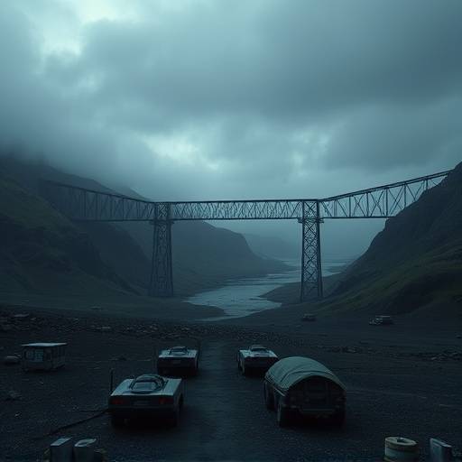 Screenshot from Death Stranding, showing the protagonist Sam Porter Bridges traversing a desolate landscape with his BB pod.