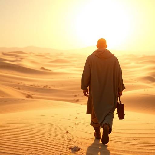 Screenshot from Journey, showing a robed figure traversing a vast, sun-drenched desert landscape.