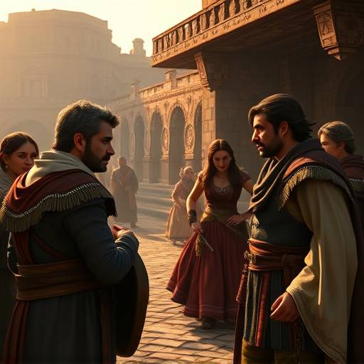 Screenshot of 'Echoes of the Past', a narrative adventure game. The image shows characters having a conversation in a stylized, historical setting.